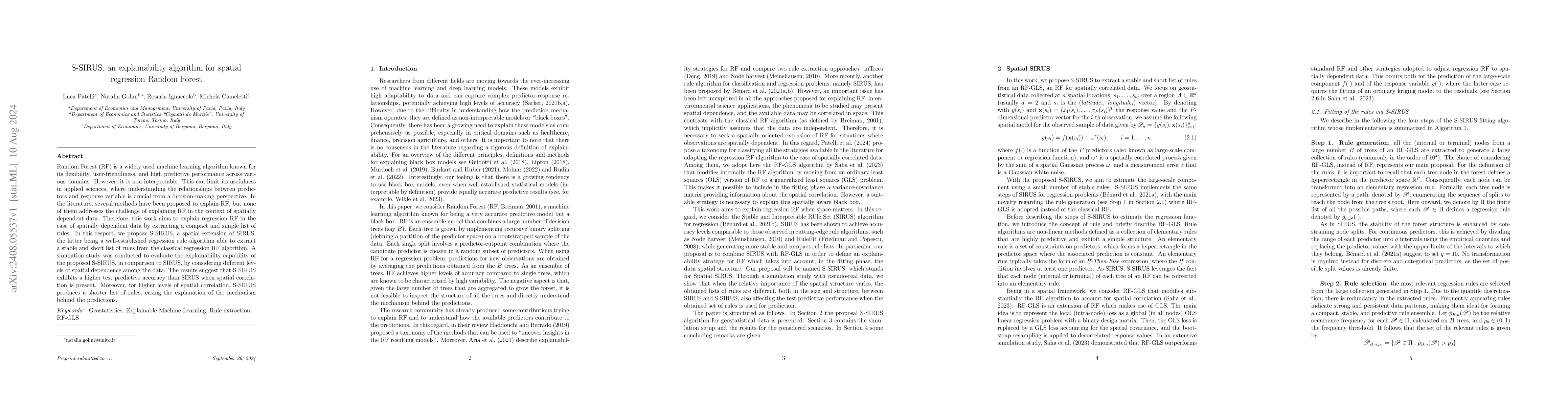 Thumbnail for S-SIRUS: an explainability algorithm for spatial regression Random
  Forest