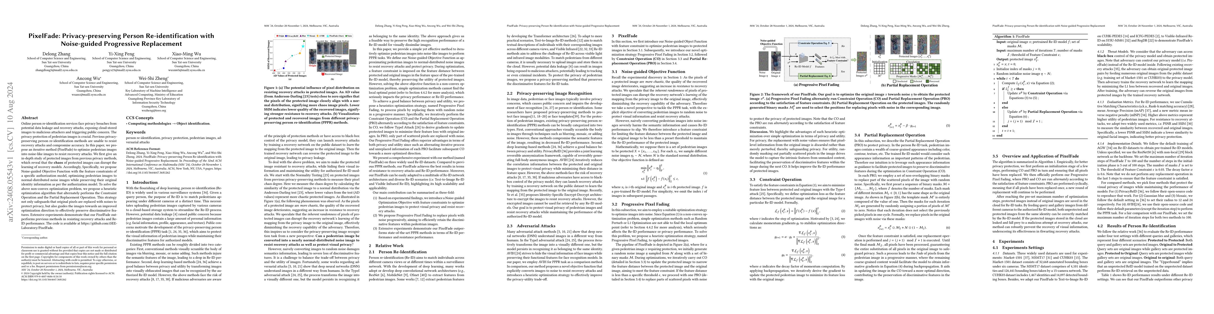 Thumbnail for PixelFade: Privacy-preserving Person Re-identification with Noise-guided
  Progressive Replacement