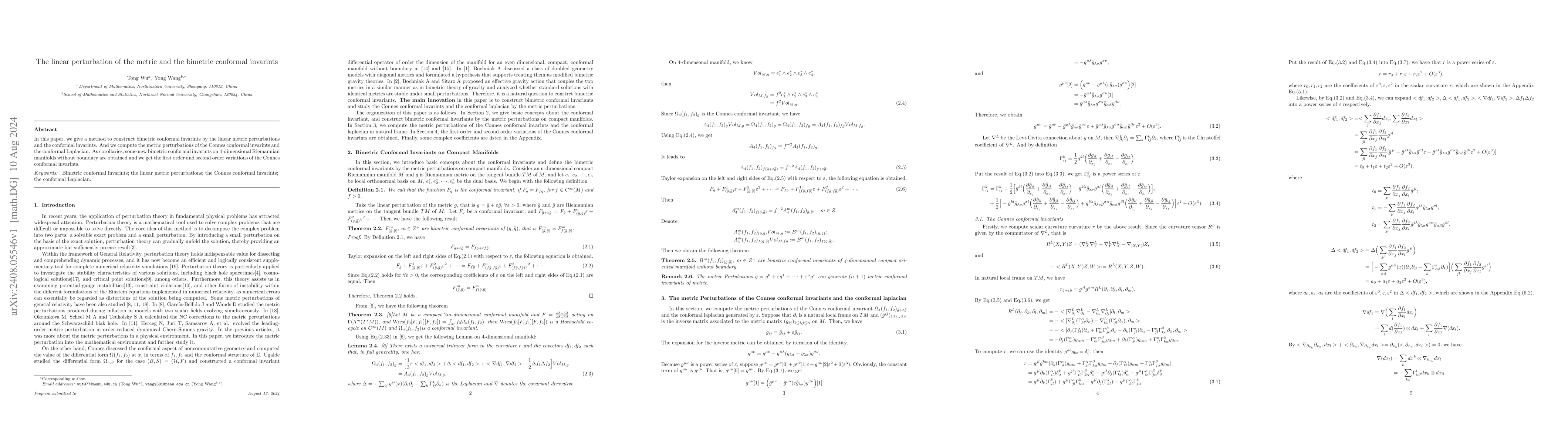 Thumbnail for The linear perturbation of the metric and the bimetric conformal
  invarints