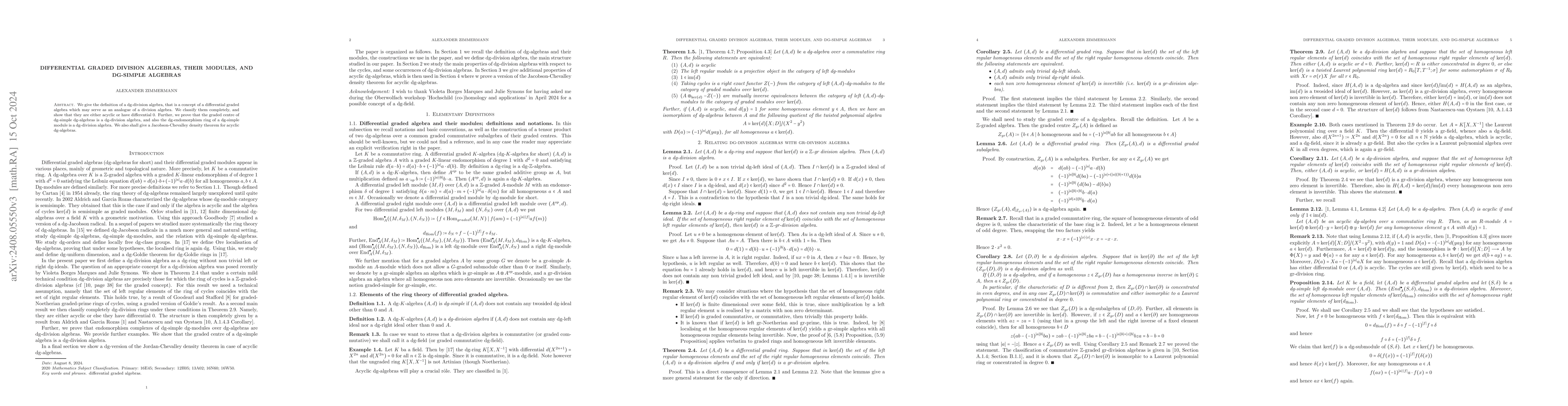 Thumbnail for Differential graded division algebras, their modules, and dg-simple
  algebras