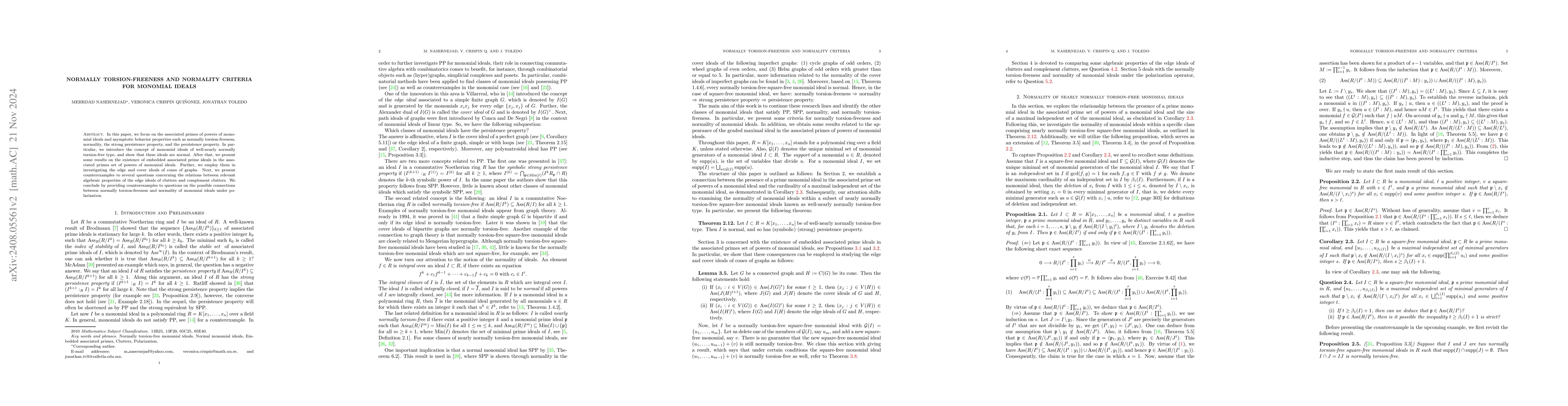Thumbnail for Normally torsion-freeness and normality criteria for monomial ideals