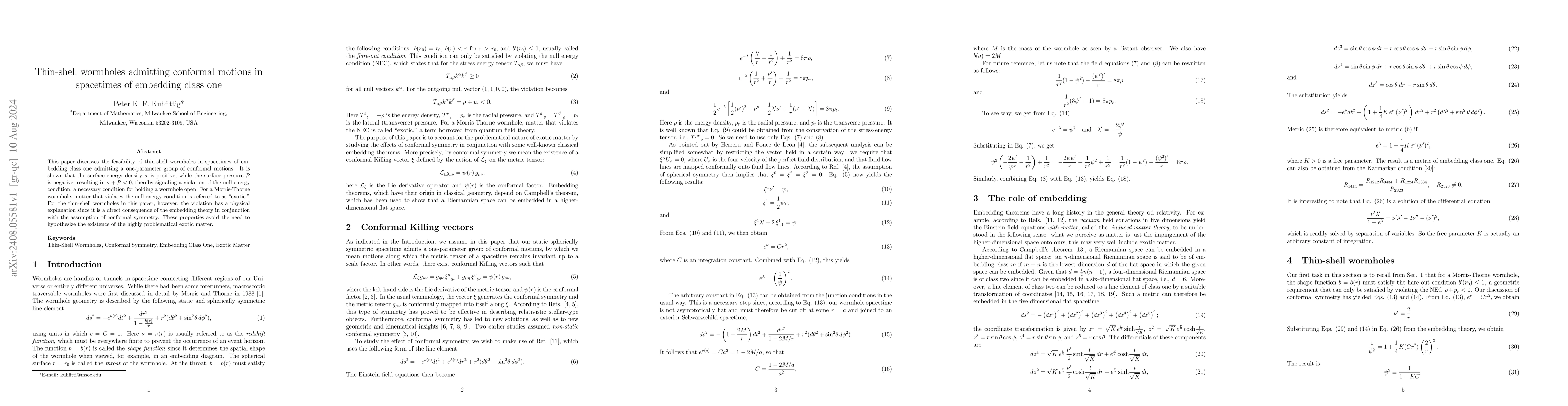 Thumbnail for Thin-shell wormholes admitting conformal motions in spacetimes of
  embedding class one