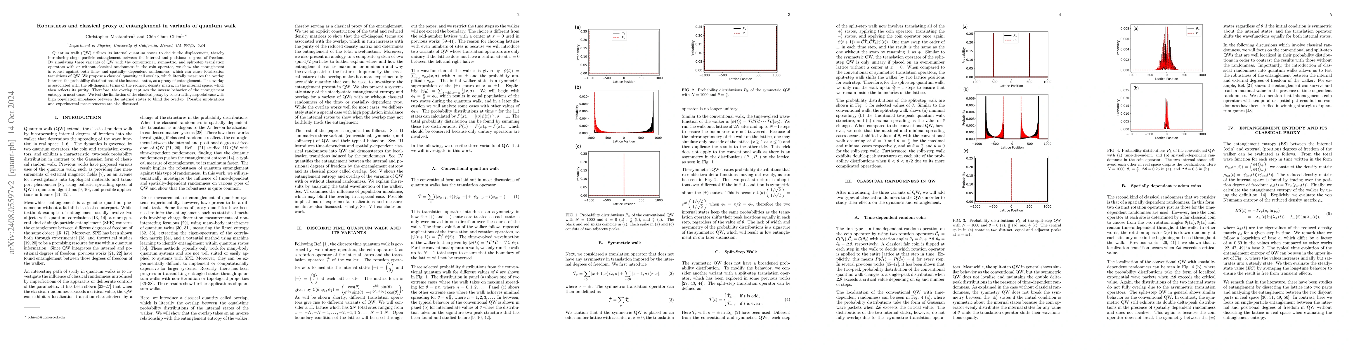 Thumbnail for Robustness and classical proxy of entanglement in variants of quantum
  walk