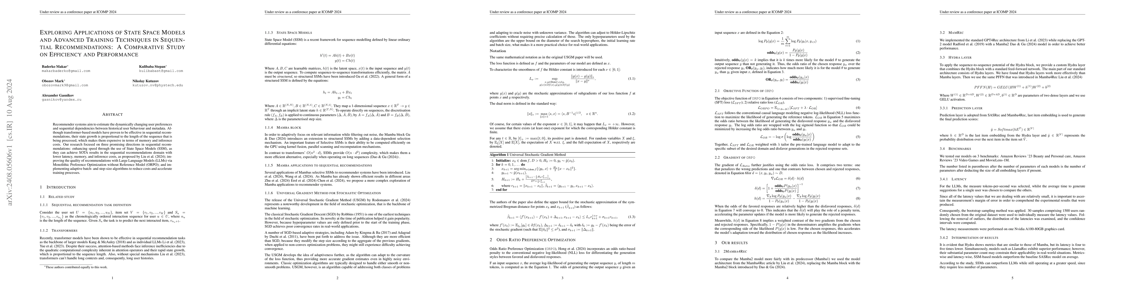 Thumbnail for Exploring Applications of State Space Models and Advanced Training
  Techniques in Sequential Recommendations: A Comparative Study on Efficiency
  and Performance