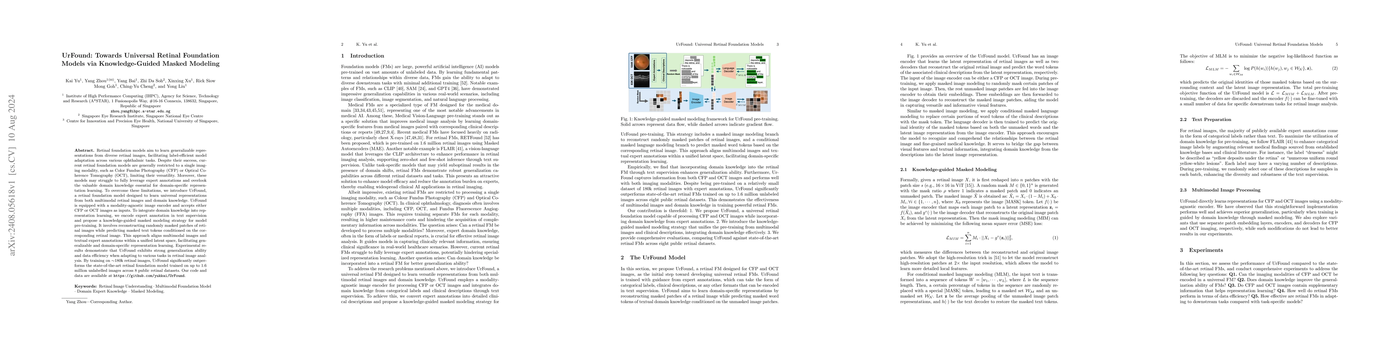 Thumbnail for UrFound: Towards Universal Retinal Foundation Models via
  Knowledge-Guided Masked Modeling
