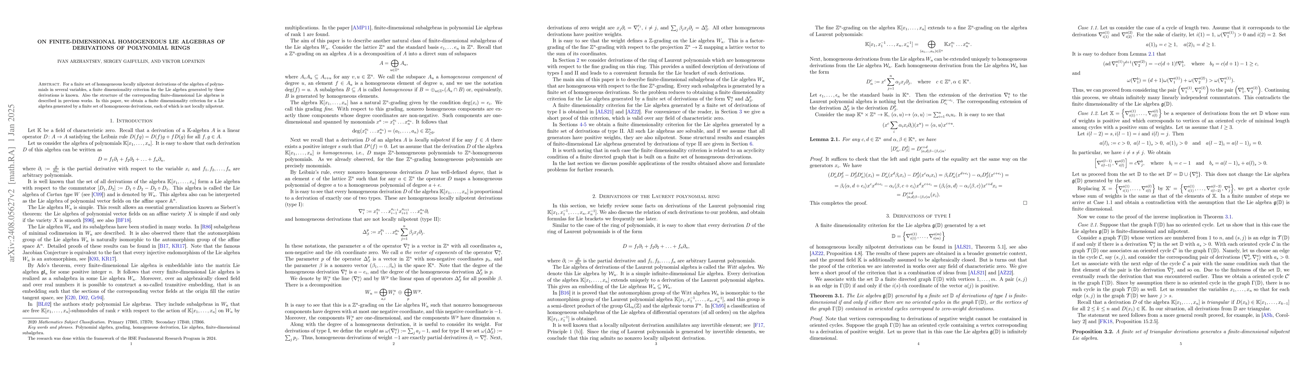 Thumbnail for On finite-dimensional homogeneous Lie algebras of derivations of
  polynomial rings