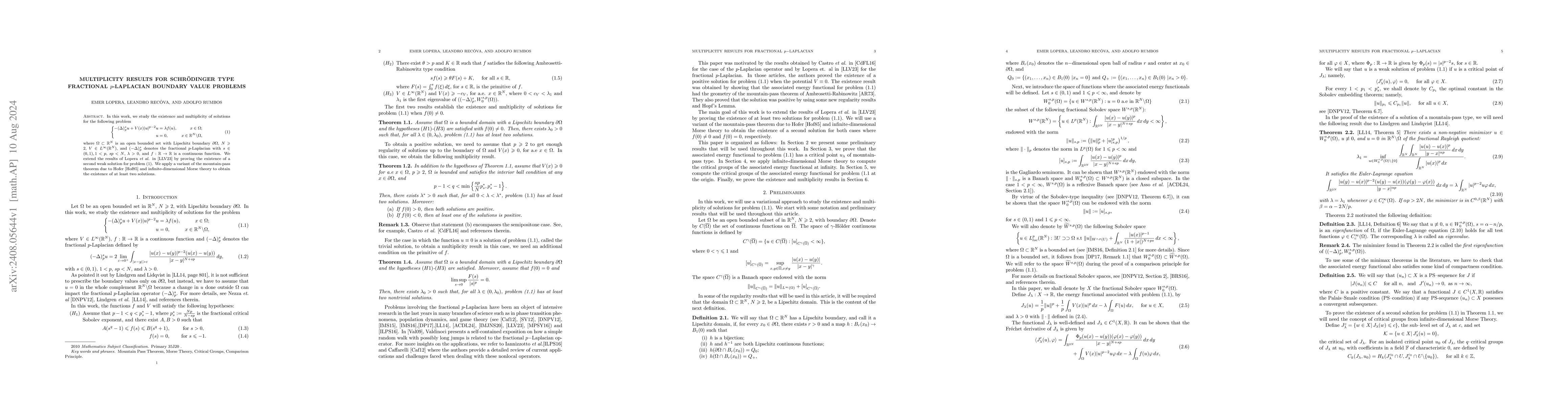 Thumbnail for Multiplicity results for Schrödinger type fractional $p$-Laplacian
  boundary value problems