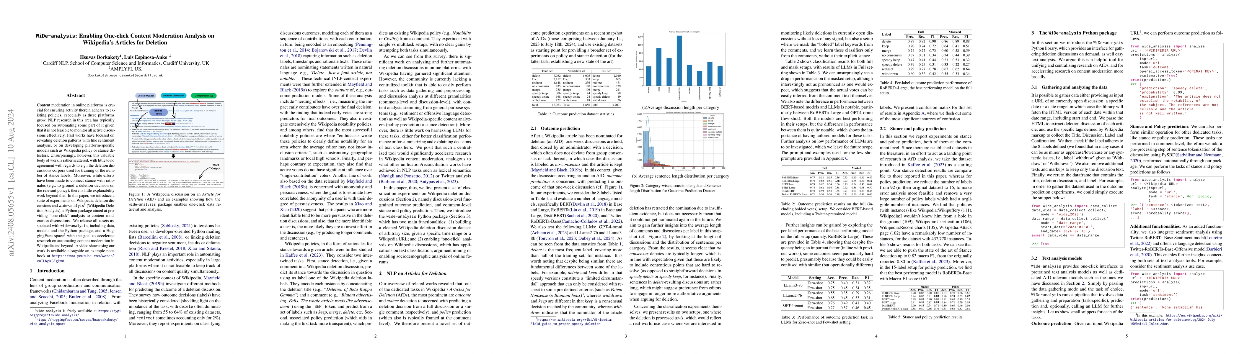 Thumbnail for WiDe-analysis: Enabling One-click Content Moderation Analysis on
  Wikipedia's Articles for Deletion