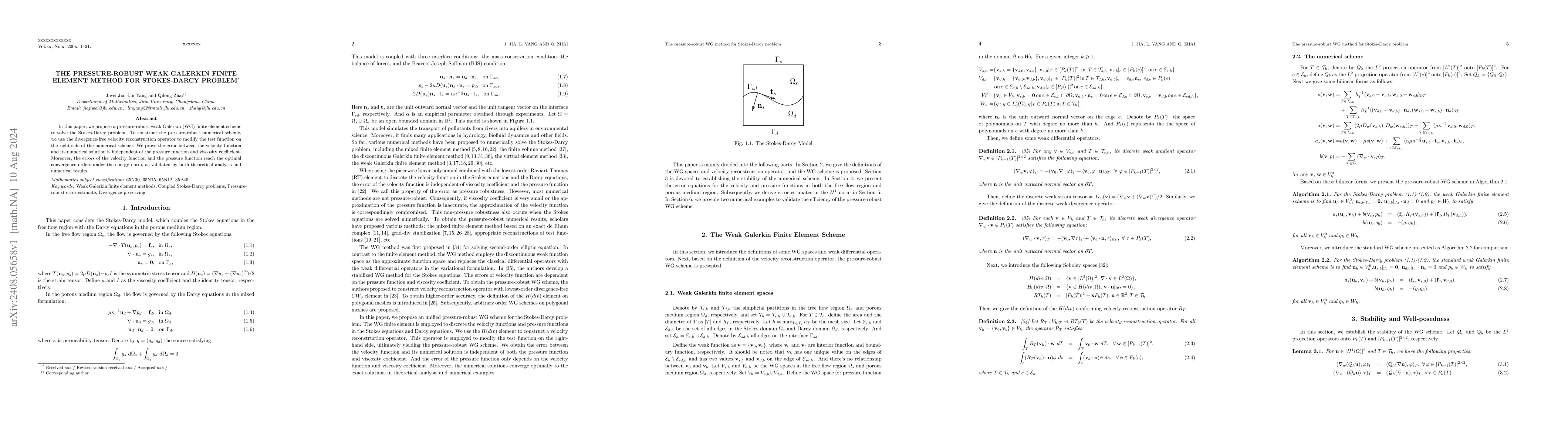 Thumbnail for The pressure-robust weak Galerkin finite element method for Stokes-Darcy
  problem
