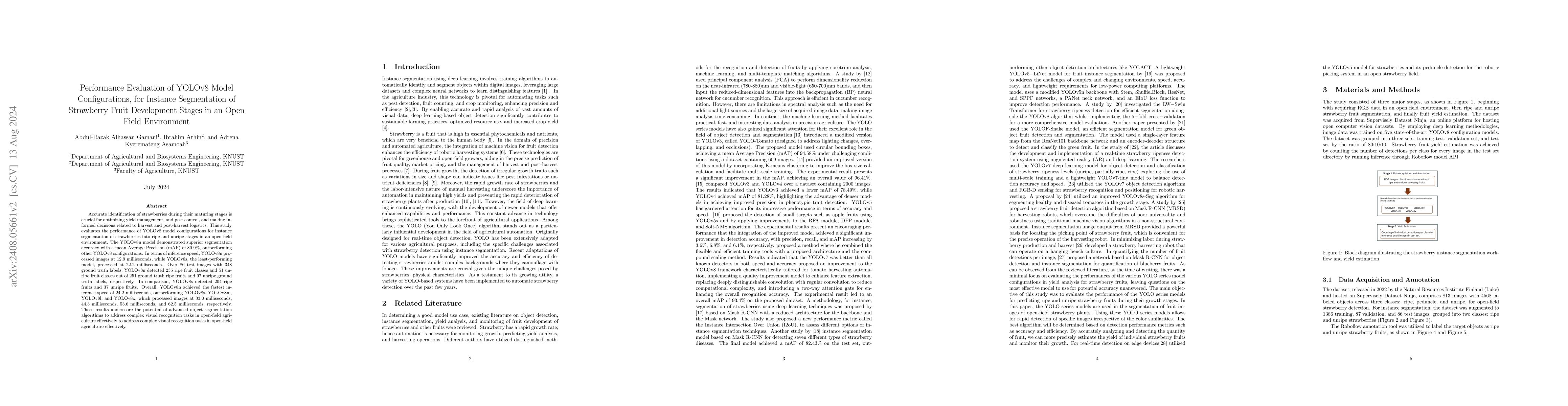 Thumbnail for Performance Evaluation of YOLOv8 Model Configurations, for Instance
  Segmentation of Strawberry Fruit Development Stages in an Open Field
  Environment