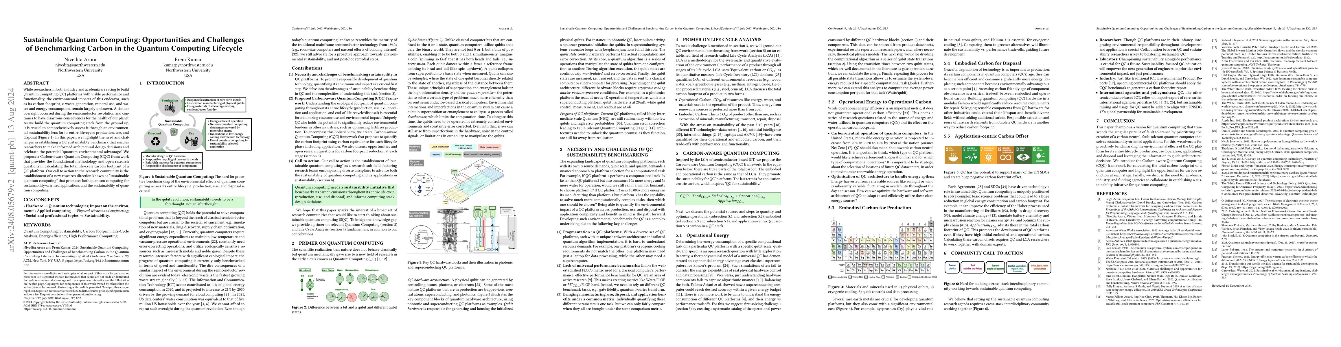 Thumbnail for Sustainable Quantum Computing: Opportunities and Challenges of
  Benchmarking Carbon in the Quantum Computing Lifecycle