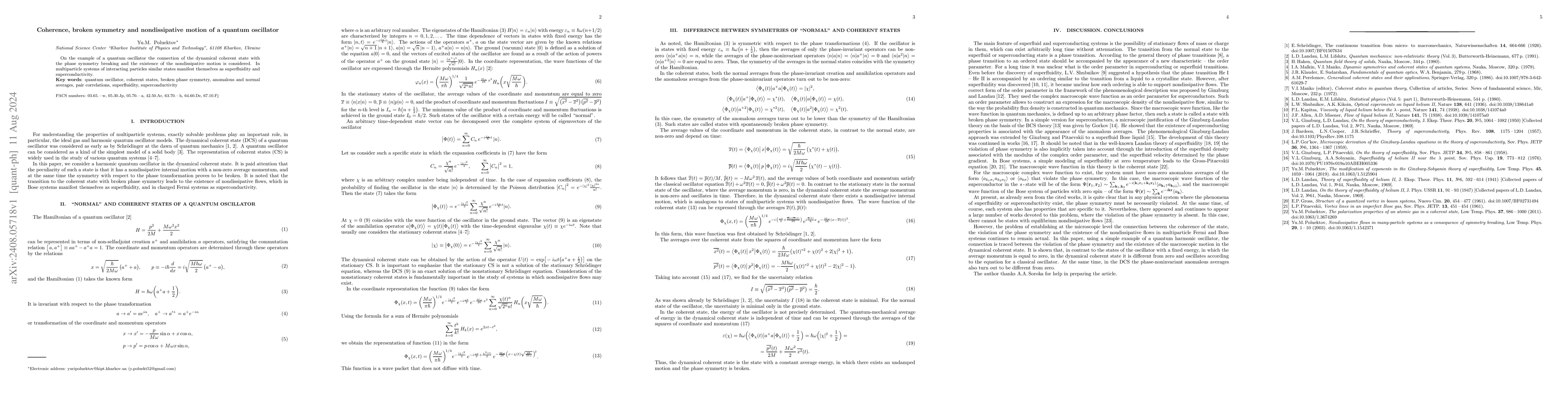 Thumbnail for Coherence, broken symmetry and nondissipative motion of a quantum
  oscillator
