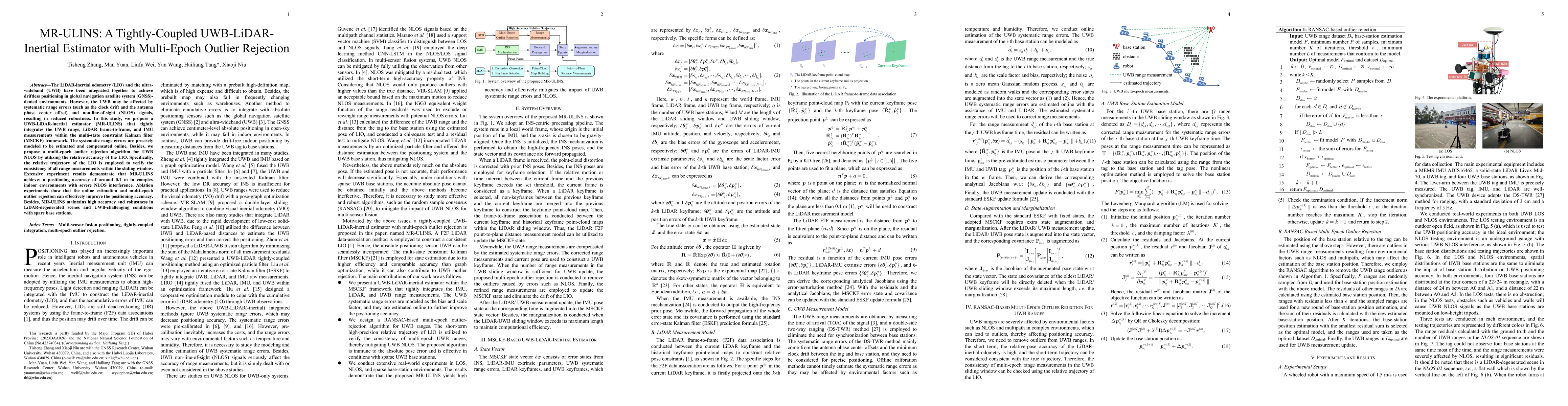 Thumbnail for MR-ULINS: A Tightly-Coupled UWB-LiDAR-Inertial Estimator with
  Multi-Epoch Outlier Rejection