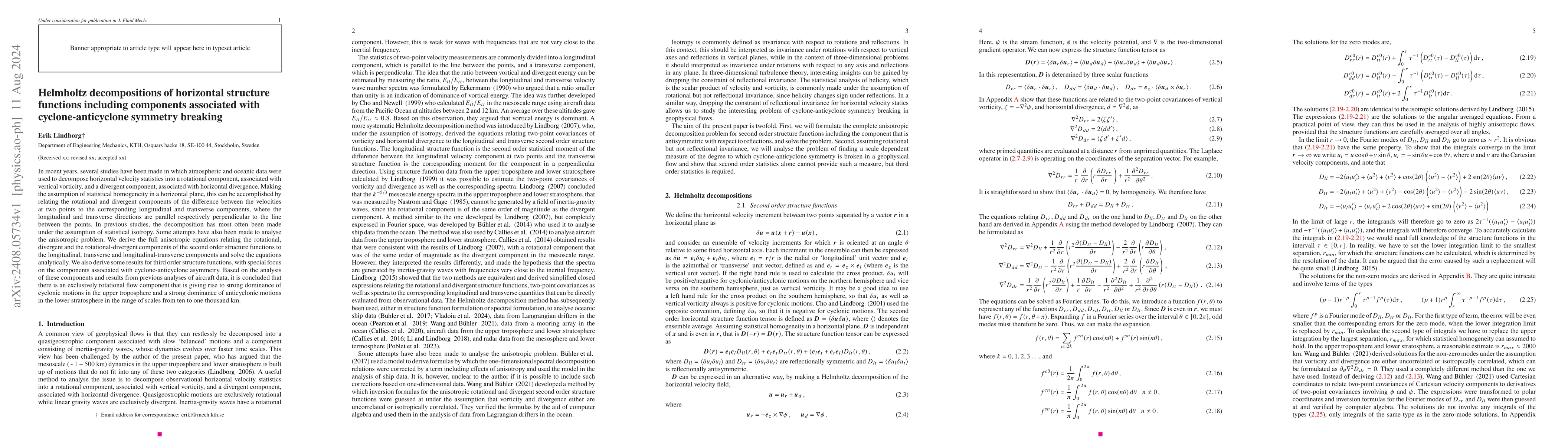Thumbnail for Helmholtz decompositions of horizontal structure functions including
  components associated with cyclone-anticyclone symmetry breaking