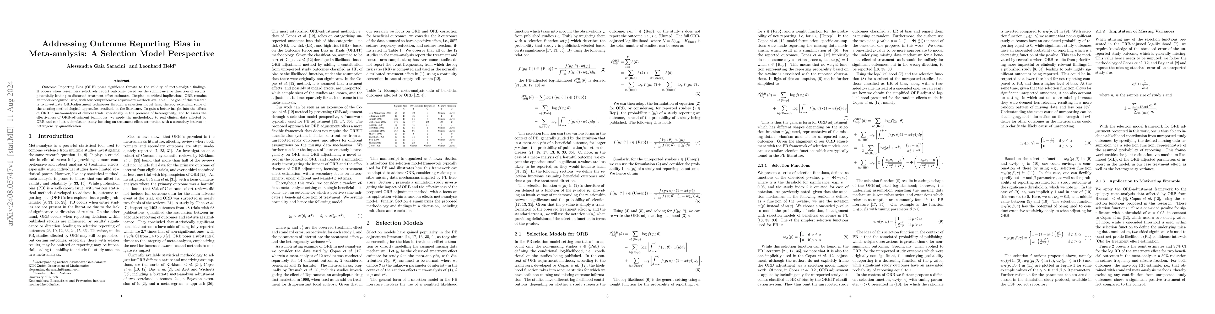 Thumbnail for Addressing Outcome Reporting Bias in Meta-analysis: A Selection Model
  Perspective