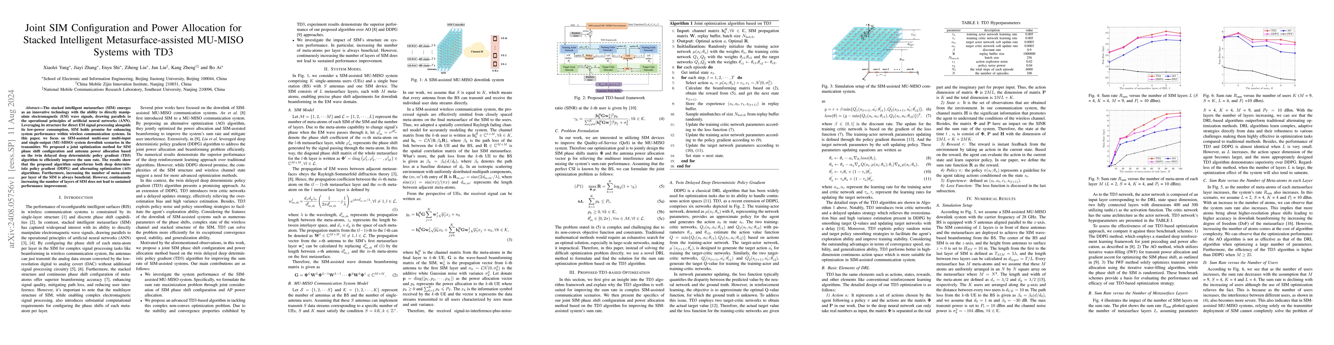 Thumbnail for Joint SIM Configuration and Power Allocation for Stacked Intelligent
  Metasurface-assisted MU-MISO Systems with TD3