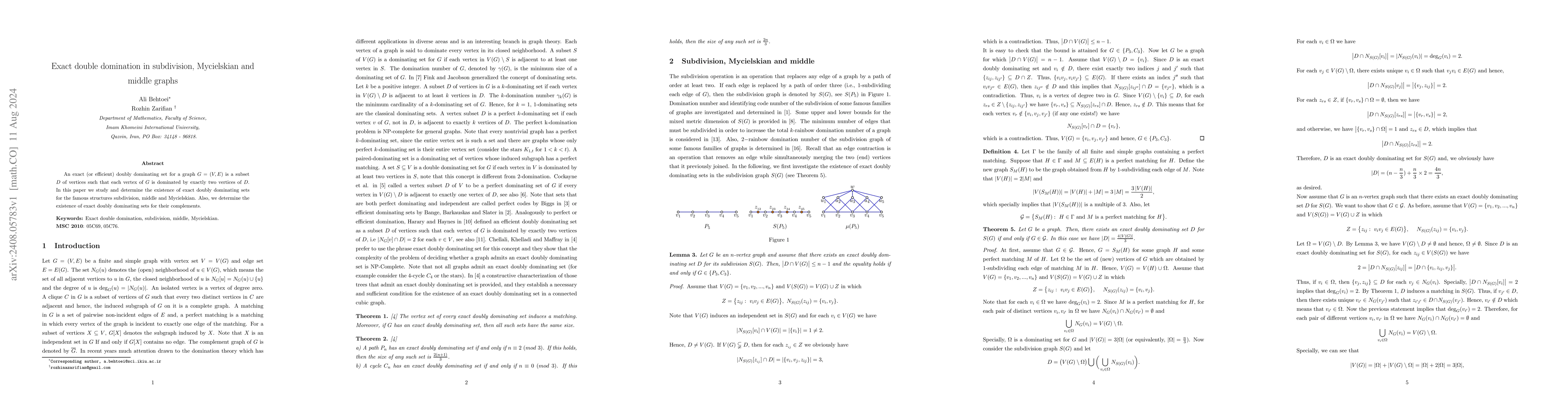 Thumbnail for Exact double domination in subdivision, Mycielskian and middle graphs