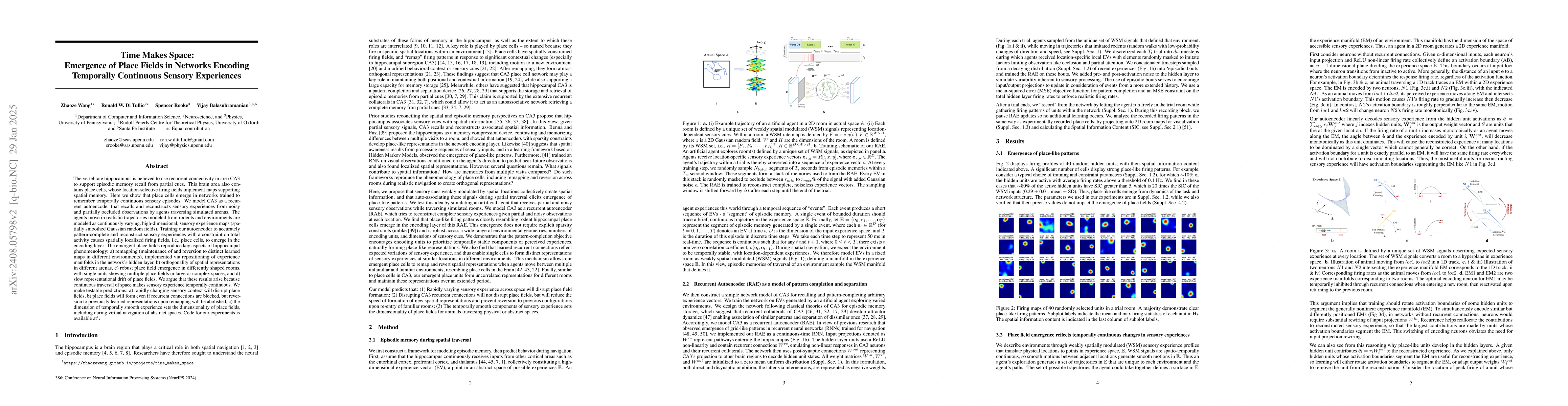 Thumbnail for Time Makes Space: Emergence of Place Fields in Networks Encoding
  Temporally Continuous Sensory Experiences