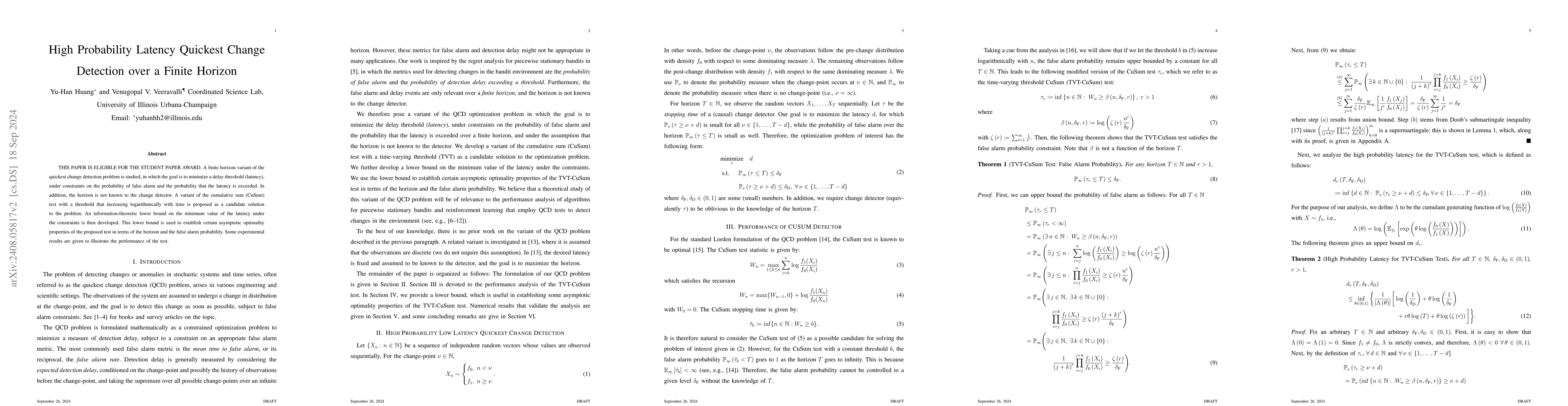 Thumbnail for High Probability Latency Sequential Change Detection over an Unknown
  Finite Horizon