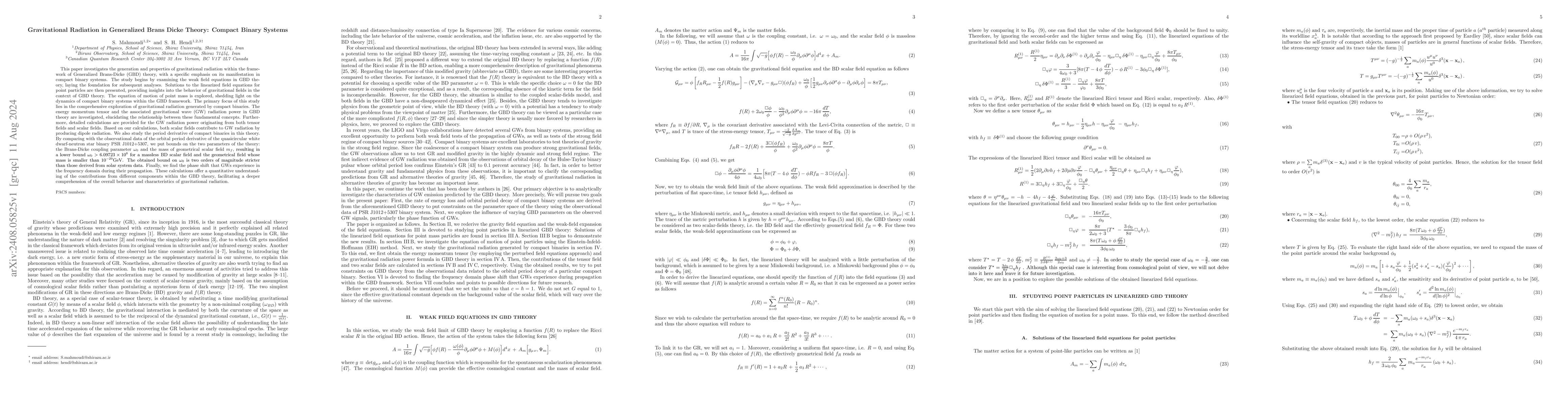 Thumbnail for Gravitational Radiation in Generalized Brans Dicke Theory: Compact
  Binary Systems