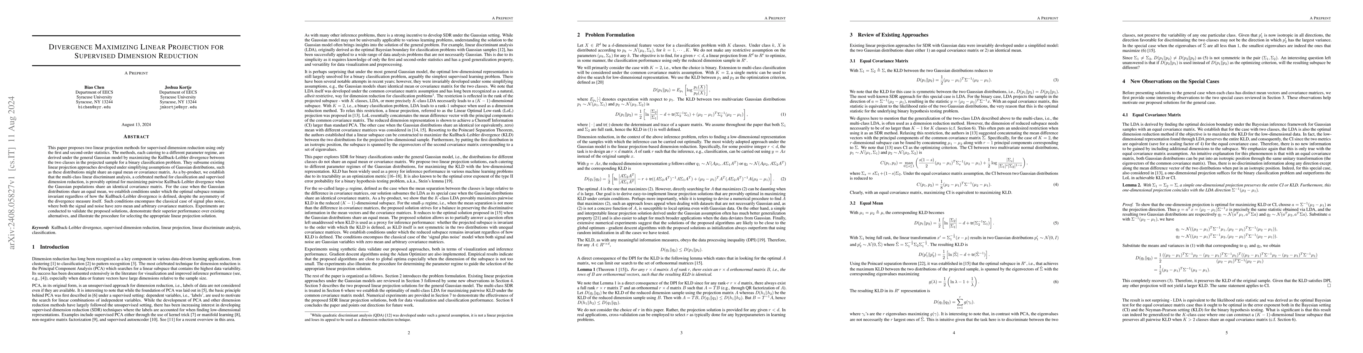Thumbnail for Divergence Maximizing Linear Projection for Supervised Dimension
  Reduction