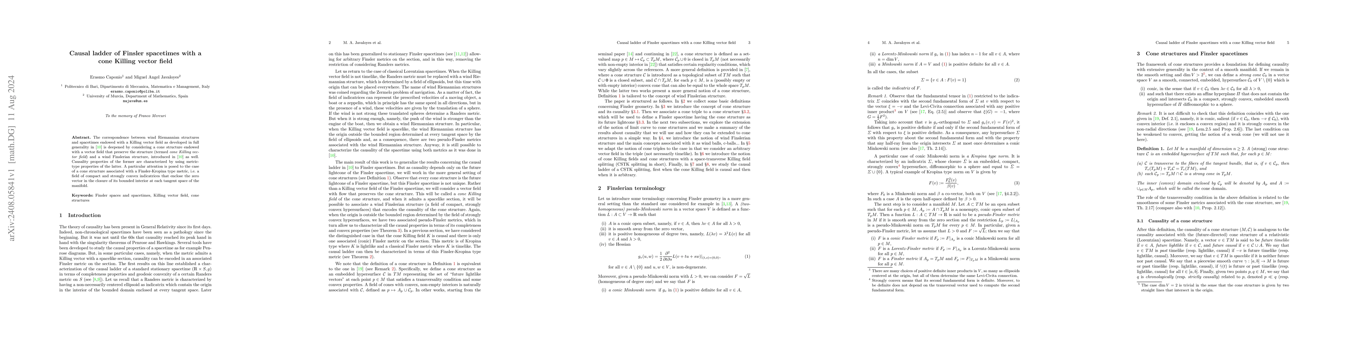 Thumbnail for Causal ladder of Finsler spacetimes with a cone Killing vector field