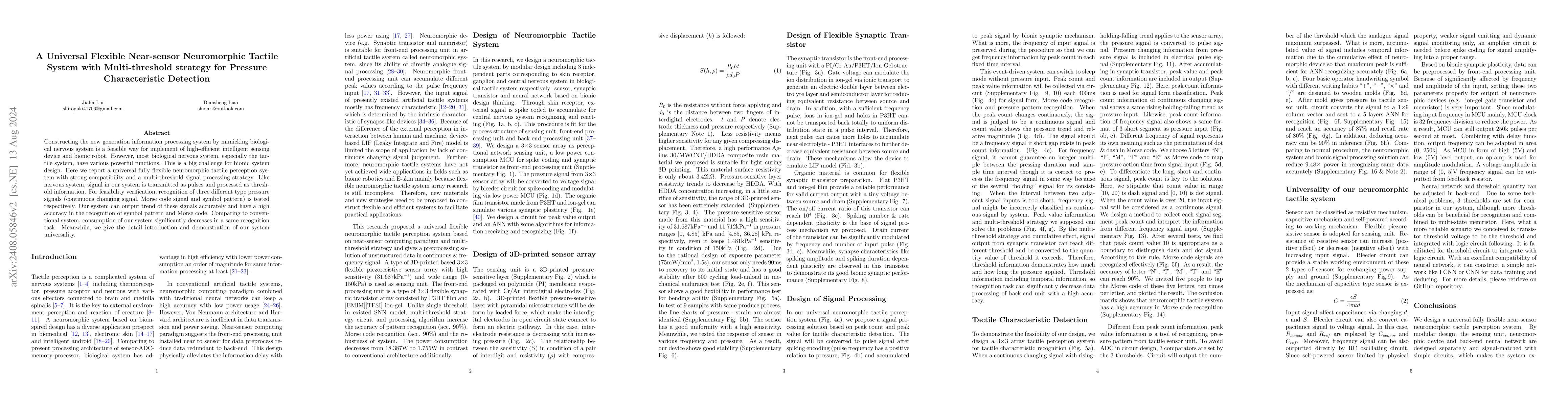 Thumbnail for A Universal Flexible Near-sensor Neuromorphic Tactile System with
  Multi-threshold strategy for Pressure Characteristic Detection