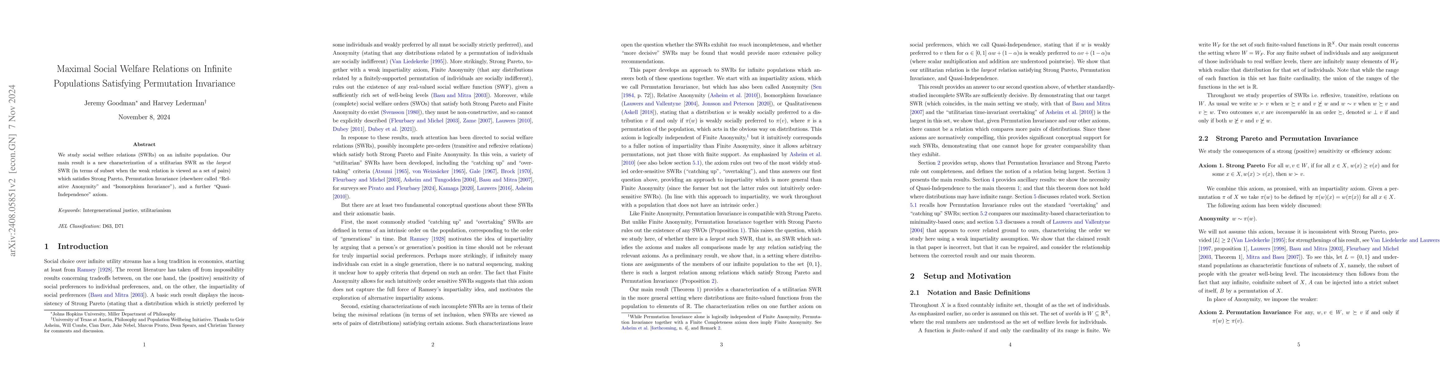 Thumbnail for Maximal Social Welfare Relations on Infinite Populations Satisfying
  Permutation Invariance