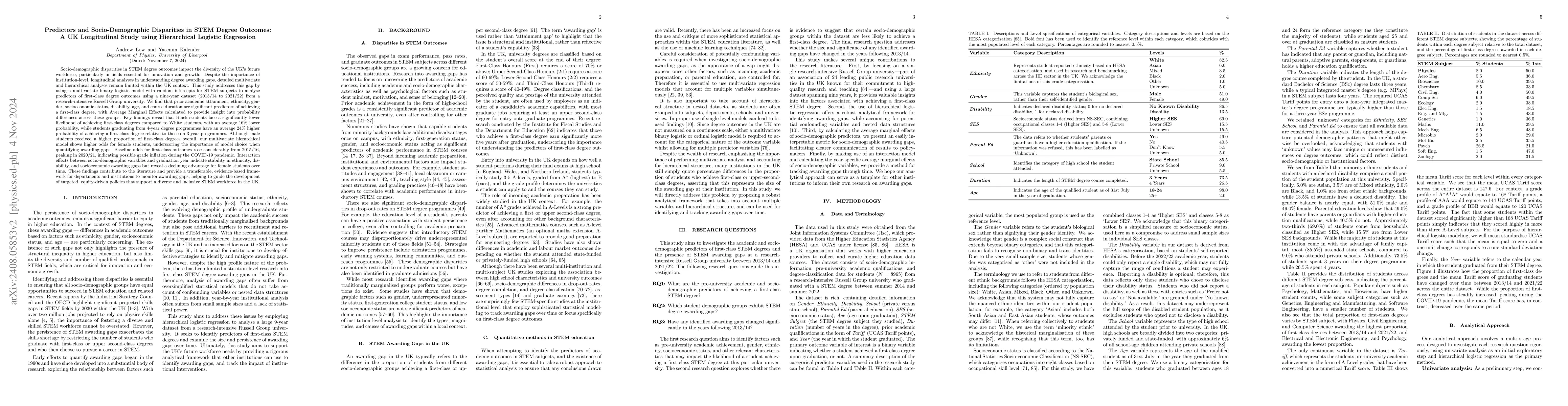 Thumbnail for Predictors and Socio-Demographic Disparities in STEM Degree Outcomes: A
  UK Longitudinal Study using Hierarchical Logistic Regression