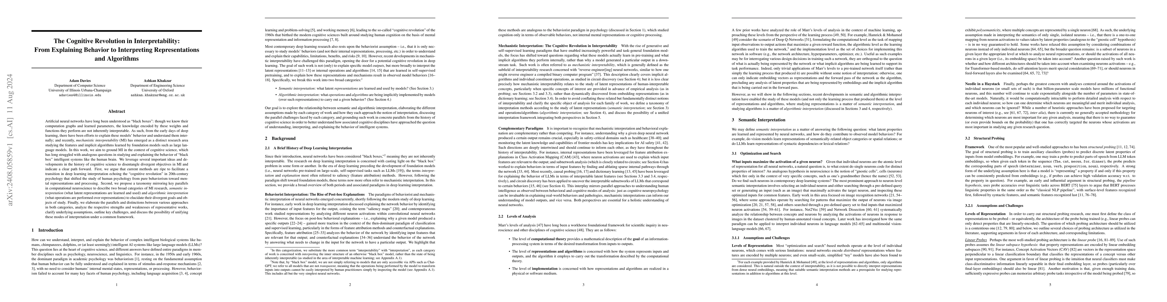 Thumbnail for The Cognitive Revolution in Interpretability: From Explaining Behavior
  to Interpreting Representations and Algorithms
