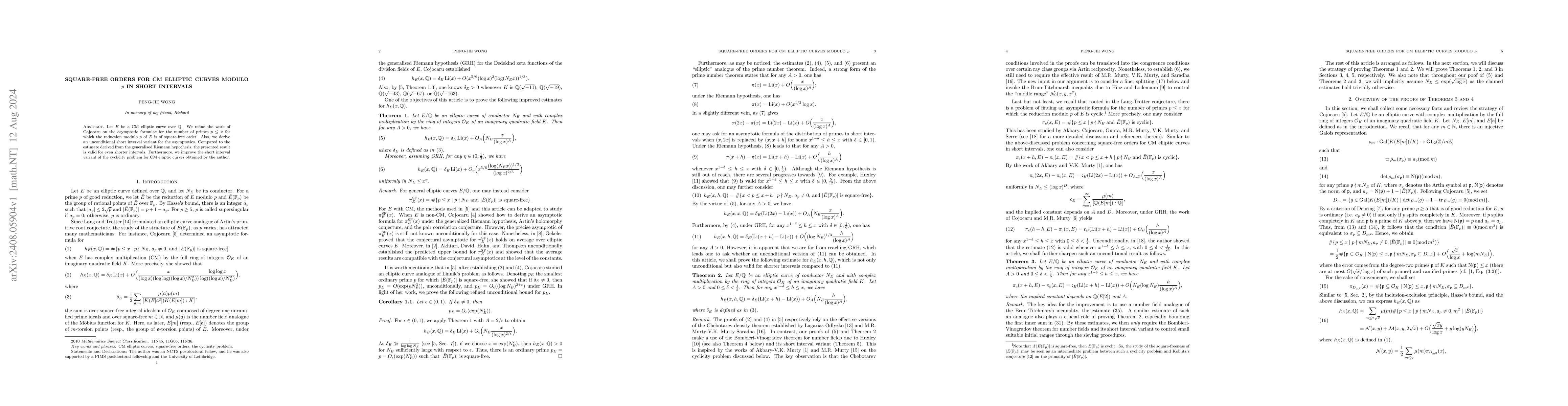 Thumbnail for Square-free orders for CM elliptic curves modulo $p$ in short intervals