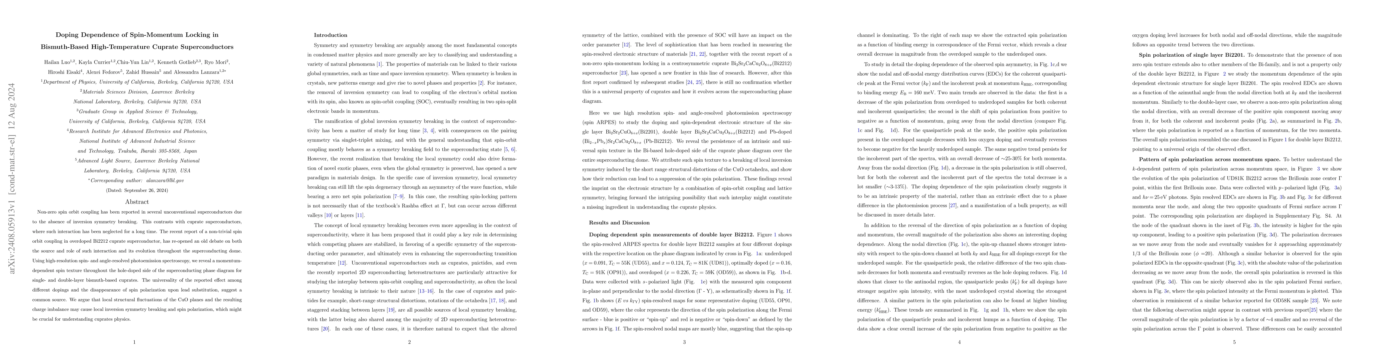 Thumbnail for Doping Dependence of Spin-Momentum Locking in Bismuth-Based
  High-Temperature Cuprate Superconductors
