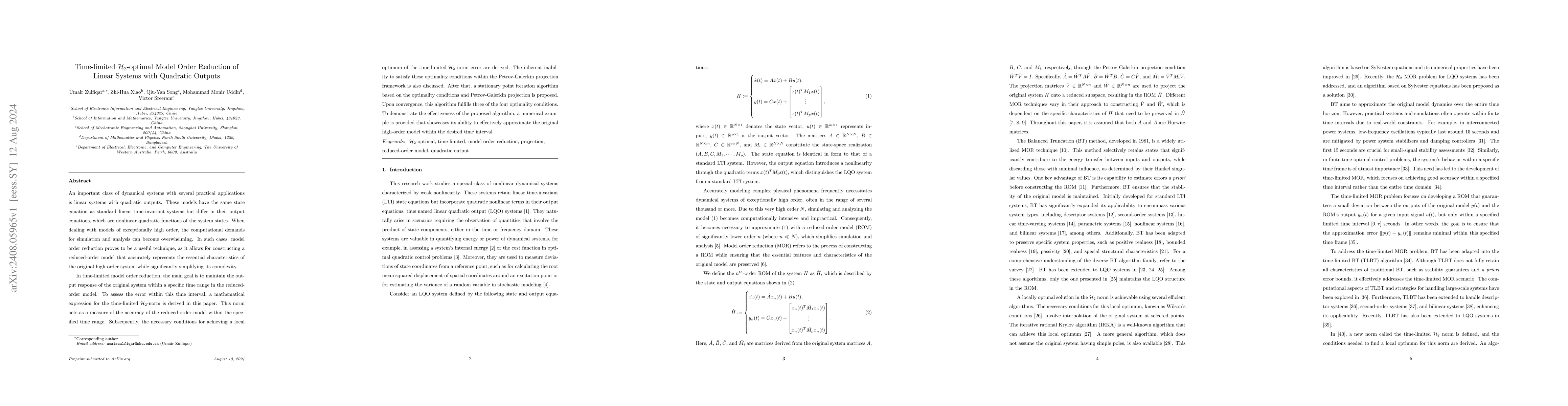 Thumbnail for Time-limited H2-optimal Model Order Reduction of Linear Systems with
  Quadratic Outputs
