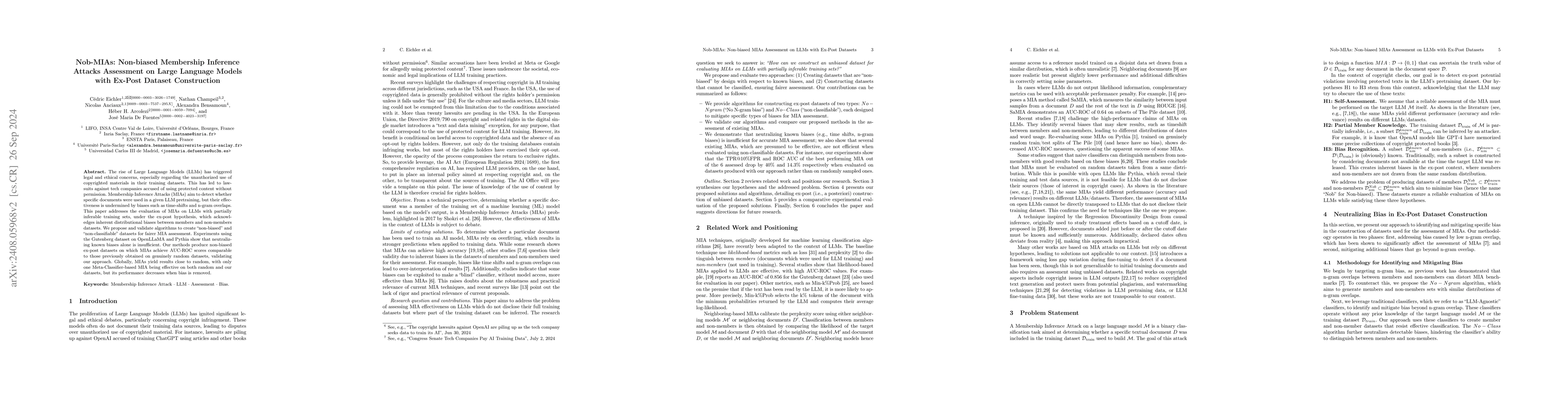 Thumbnail for Nob-MIAs: Non-biased Membership Inference Attacks Assessment on Large
  Language Models with Ex-Post Dataset Construction