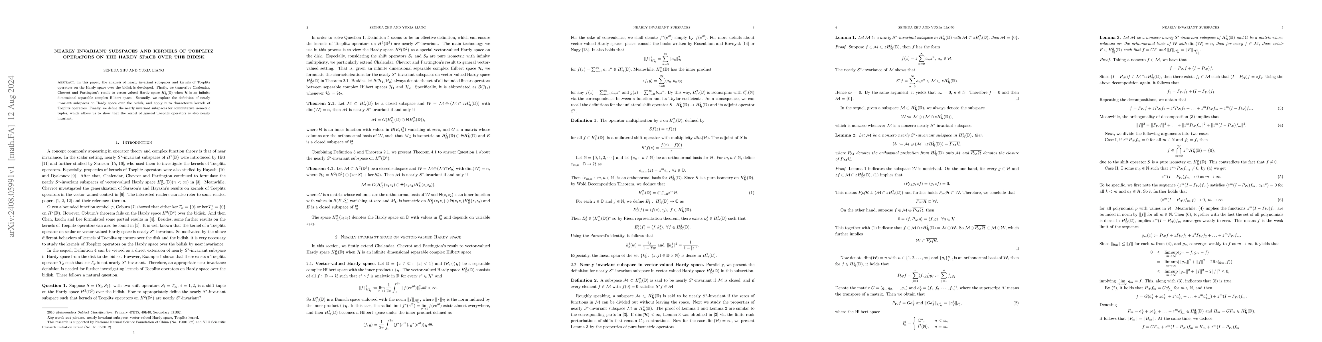 Thumbnail for Nearly invariant subspaces and kernels of Toeplitz operators on the
  Hardy space over the bidisk
