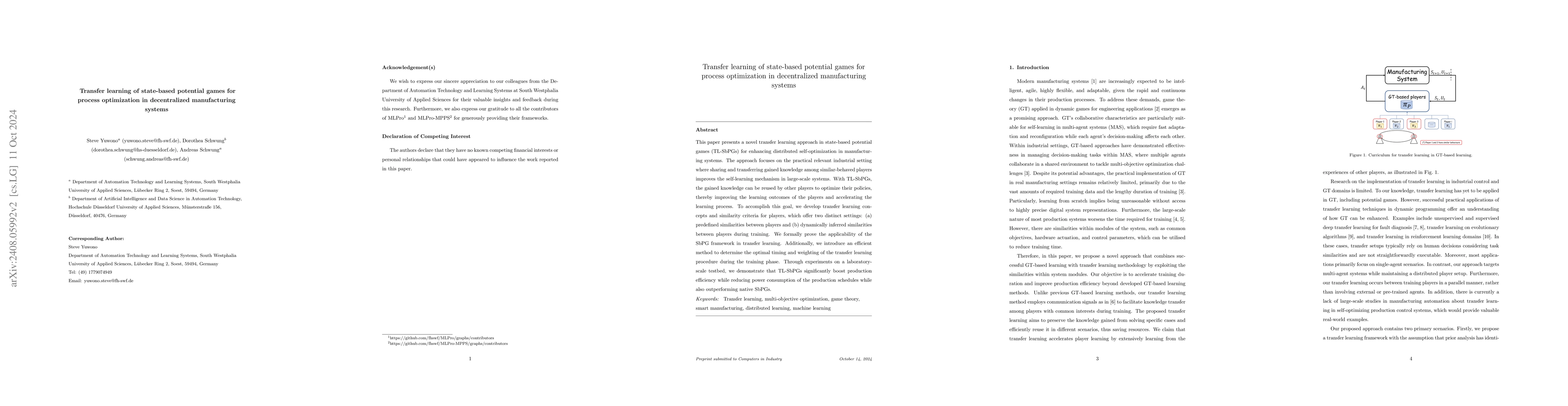 Thumbnail for Transfer learning of state-based potential games for process
  optimization in decentralized manufacturing systems