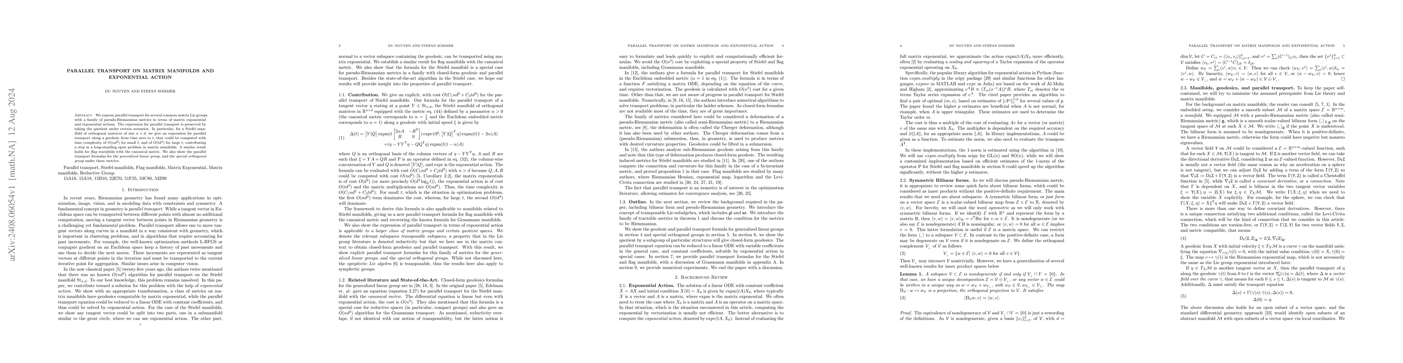 Thumbnail for Parallel transport on matrix manifolds and Exponential Action