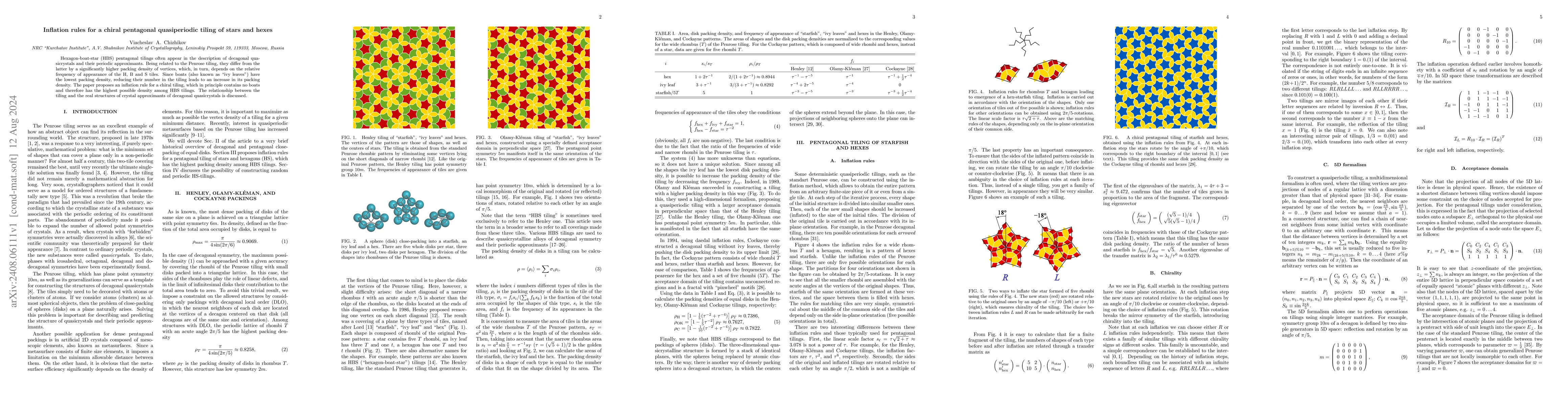 Thumbnail for Inflation rules for a chiral pentagonal quasiperiodic tiling of stars
  and hexes