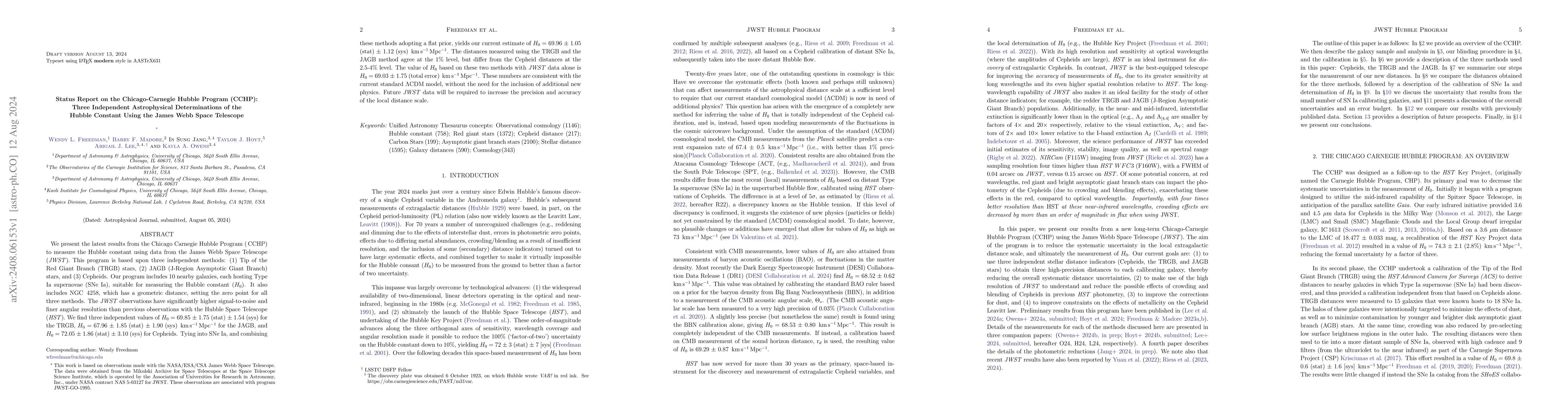 Thumbnail for Status Report on the Chicago-Carnegie Hubble Program (CCHP): Three
  Independent Astrophysical Determinations of the Hubble Constant Using the
  James Webb Space Telescope