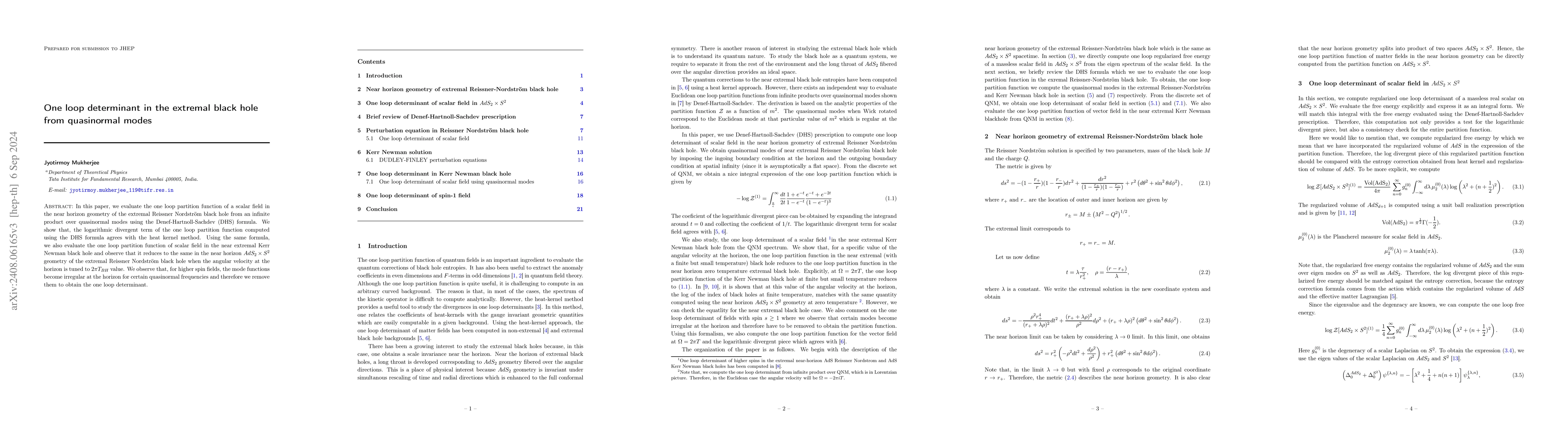 Thumbnail for One loop determinant in the extremal black hole from quasinormal modes