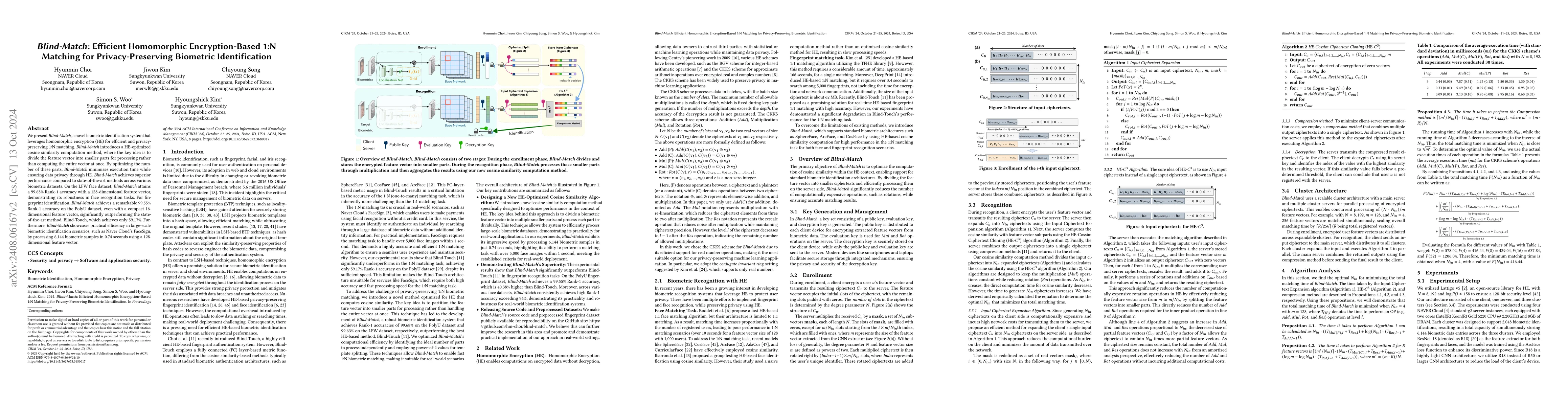 Thumbnail for Blind-Match: Efficient Homomorphic Encryption-Based 1:N Matching for
  Privacy-Preserving Biometric Identification