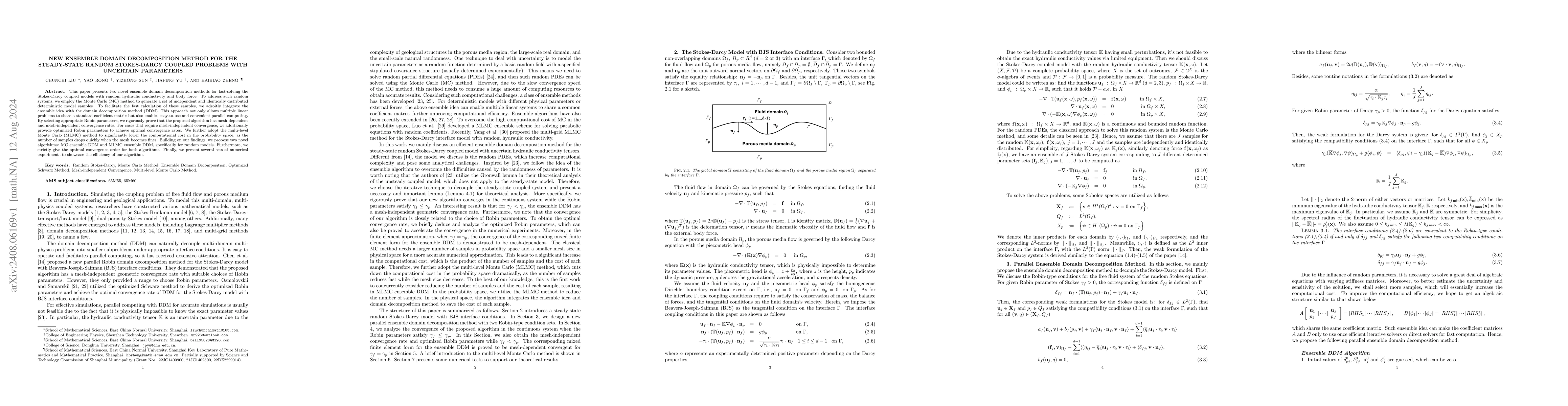 Thumbnail for New Ensemble Domain Decomposition Method for the Steady-state Random
  Stokes-Darcy Coupled Problems with Uncertain Parameters