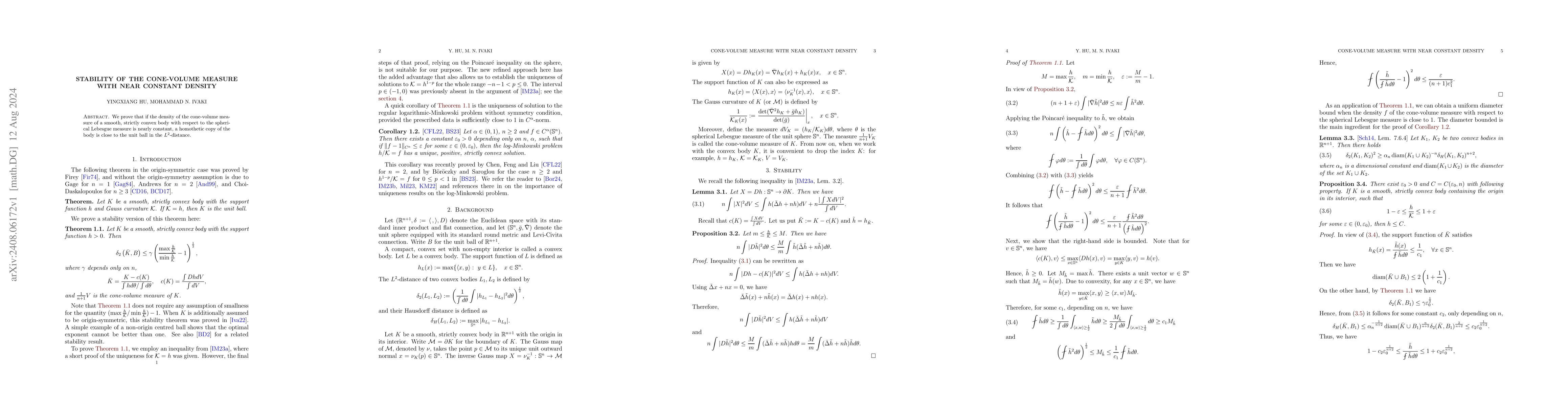 Thumbnail for Stability of the cone-volume measure with near constant density