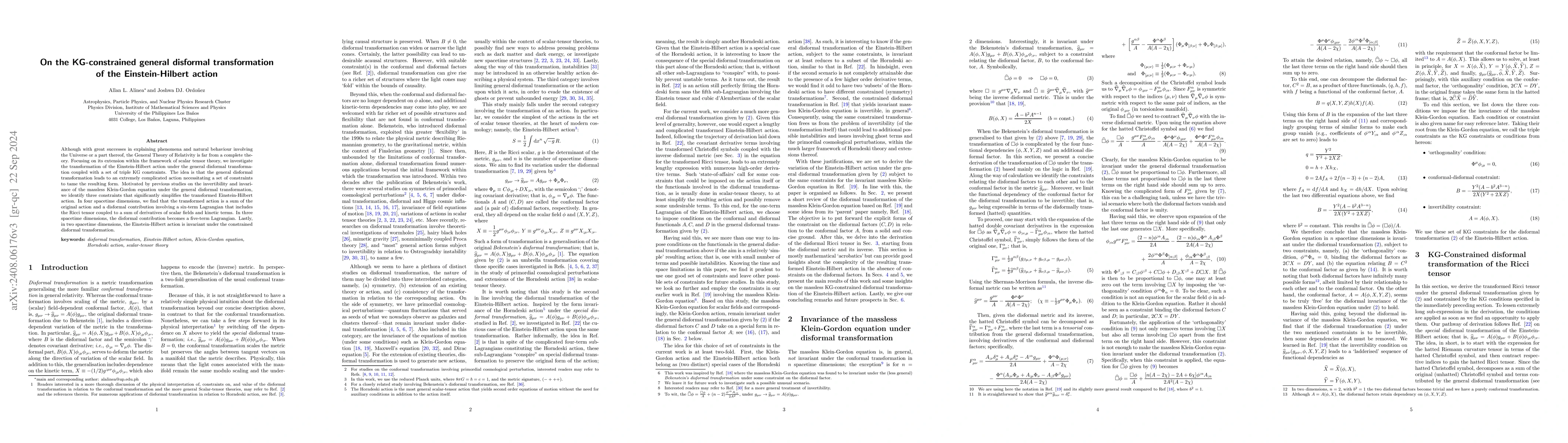 Thumbnail for On the KG-constrained general disformal transformation of the
  Einstein-Hilbert action