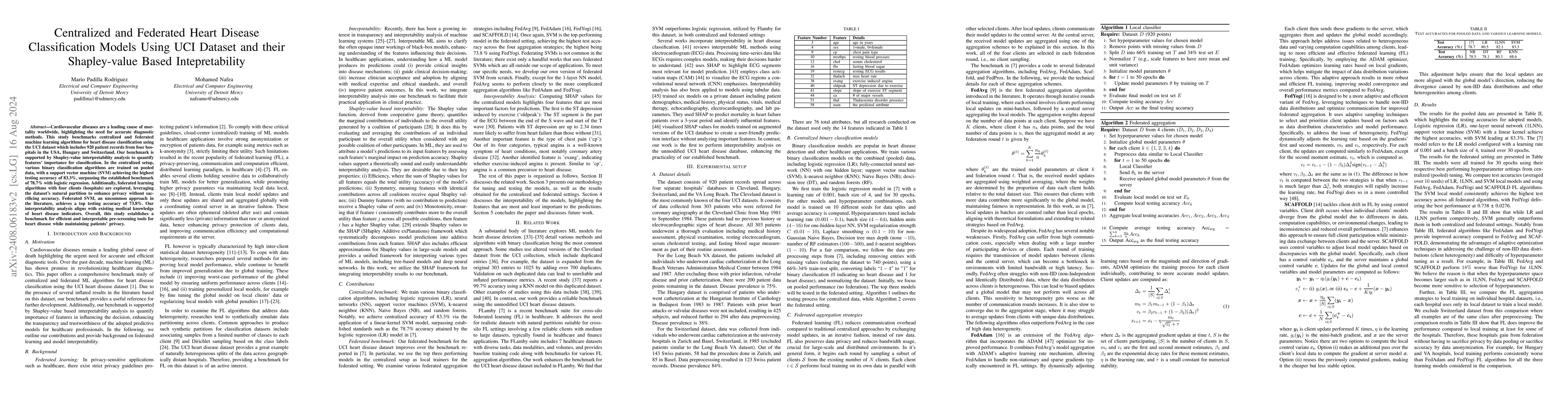 Thumbnail for Centralized and Federated Heart Disease Classification Models Using UCI
  Dataset and their Shapley-value Based Interpretability