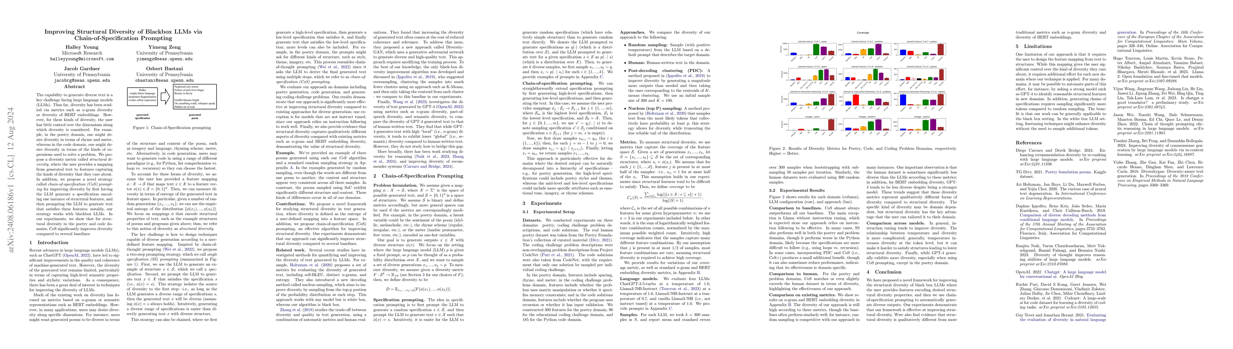 Thumbnail for Improving Structural Diversity of Blackbox LLMs via
  Chain-of-Specification Prompting