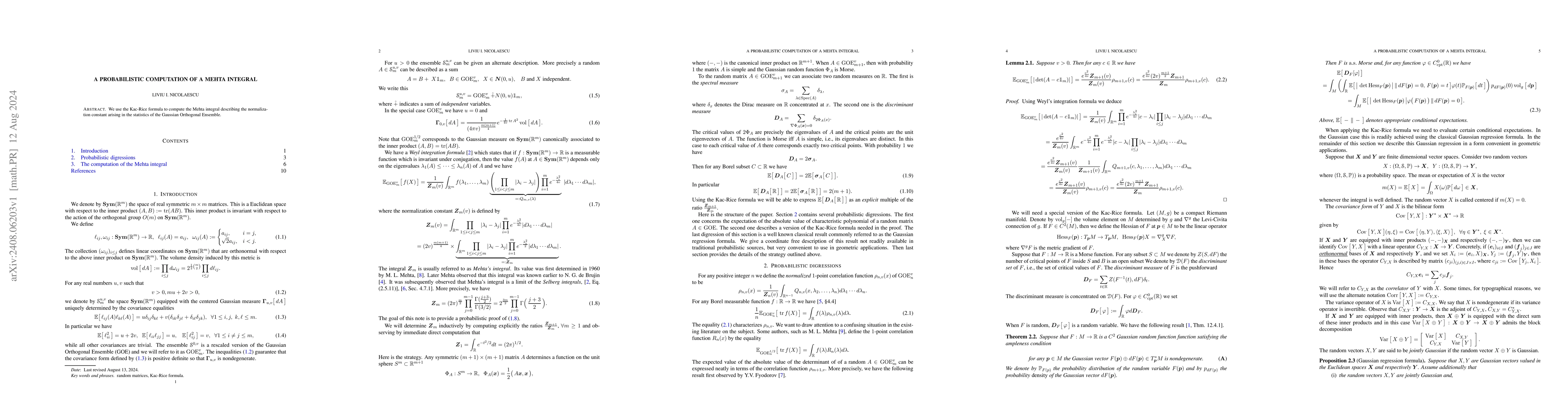Thumbnail for A probabilistic computation of a Mehta integral