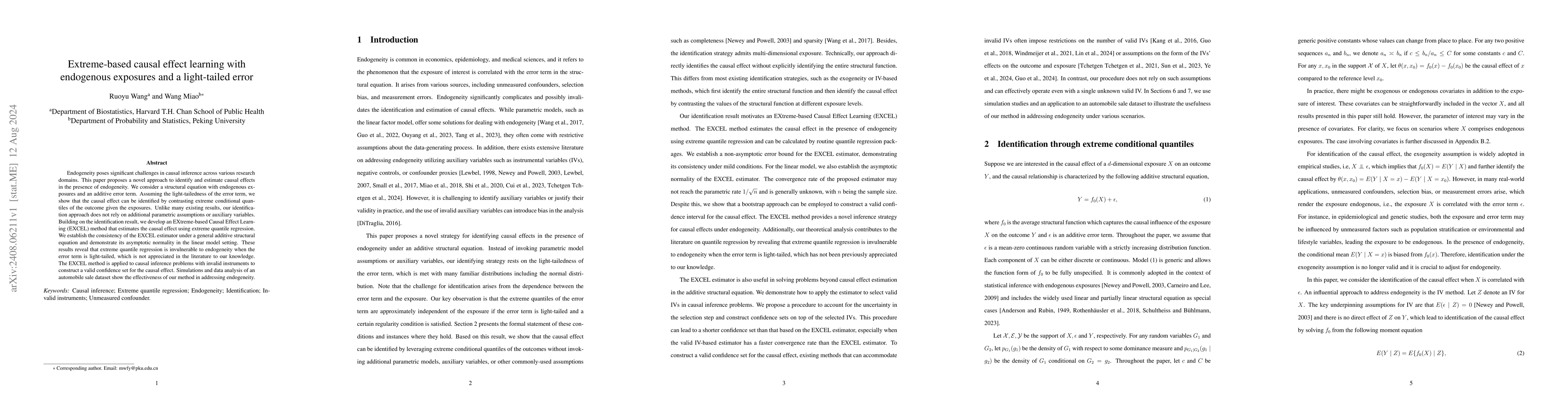 Thumbnail for Extreme-based causal effect learning with endogenous exposures and a
  light-tailed error