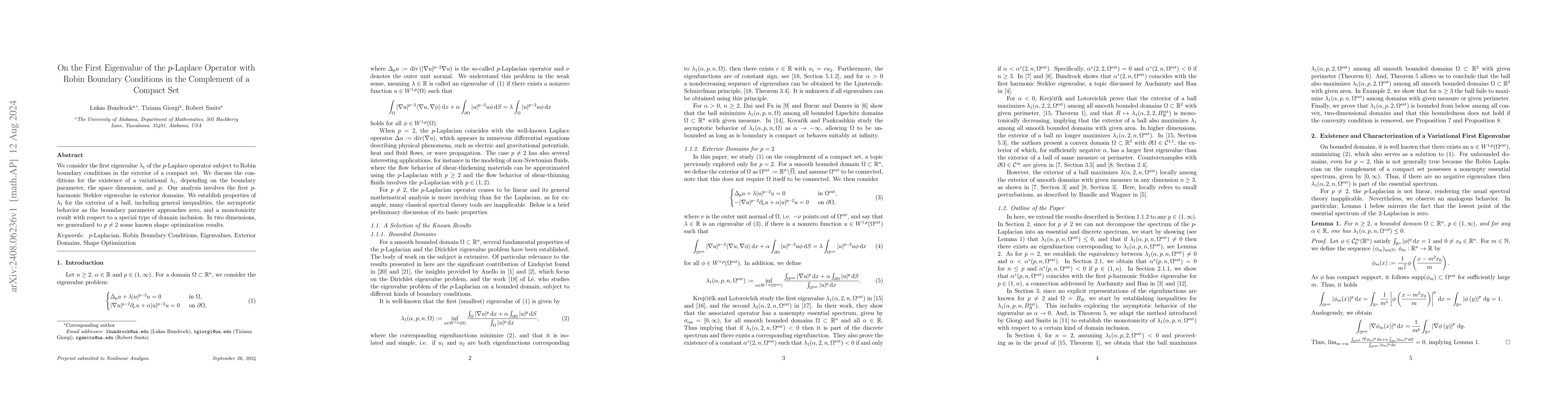 Thumbnail for On the First Eigenvalue of the $p$-Laplace Operator with Robin Boundary
  Conditions in the Complement of a Compact Set