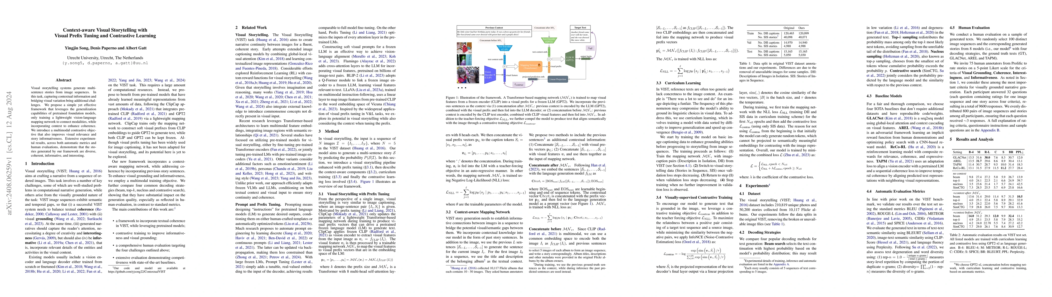 Thumbnail for Context-aware Visual Storytelling with Visual Prefix Tuning and
  Contrastive Learning